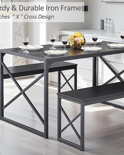 VECELO 55" Kitchen Table Set for 6, Wood Dining Room Dinette 2 Benches with Metal Frame for Breakfast Nook and Small Space, Black - LeafyLoom