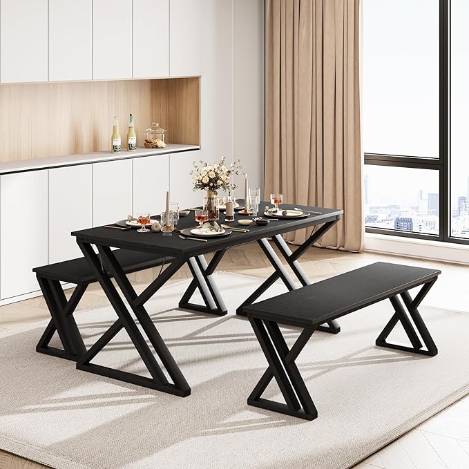 GAOMON 55” Dining Table with Benches, Kitchen Table Set for 4-6, Rectangular Dining Room Table Set with Sturdy Metal Frame, Saving Space for Kitchen, Dining Room, Apartment, Black - LeafyLoom