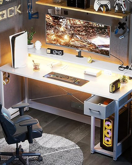 AODK Gaming Desk with LED Lights & Power Outlet, 55 Inch Computer Desk with Drawer, Reversible Desk with Adjustable Monitor Shelf & Headphone Hook for Home Office, White - LeafyLoom