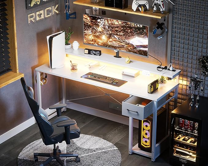 AODK Gaming Desk with LED Lights & Power Outlet, 55 Inch Computer Desk with Drawer, Reversible Desk with Adjustable Monitor Shelf & Headphone Hook for Home Office, White - LeafyLoom