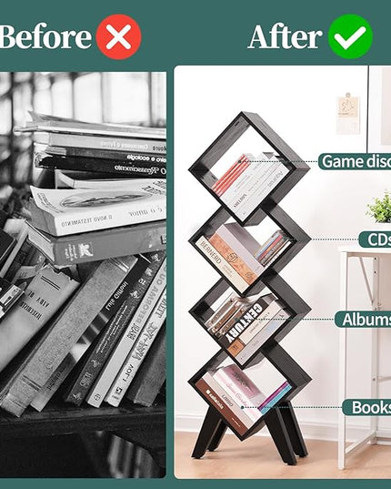 Yoobure Black Bookshelf - Small Book Shelf, 4-Tier Tall Bookcases Book Organizer, Industrial Bookshelves Floor Standing for CDs/Books in Small Spaces, Bedroom, Living Room, Home Office - LeafyLoom