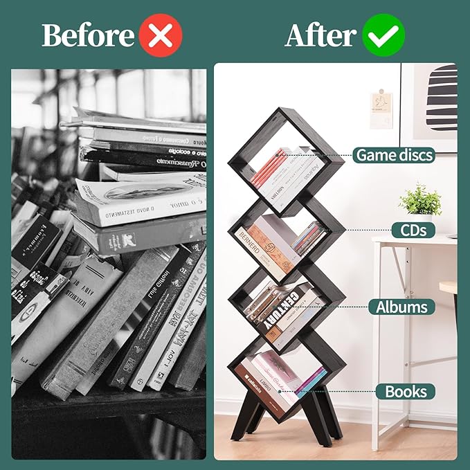 Yoobure Black Bookshelf - Small Book Shelf, 4-Tier Tall Bookcases Book Organizer, Industrial Bookshelves Floor Standing for CDs/Books in Small Spaces, Bedroom, Living Room, Home Office - LeafyLoom
