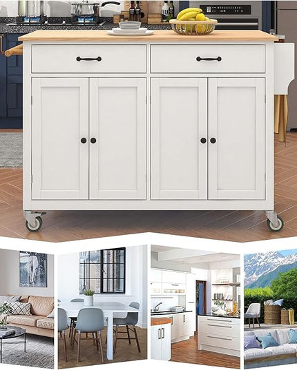 Solid Wood Top, Mobile Carts with Storage Cabinet, Rolling Kitchen Table w/Spice, Towel Rack, and Drawer, Portable Islands on Wheels, White, 54.33 Inch - LeafyLoom
