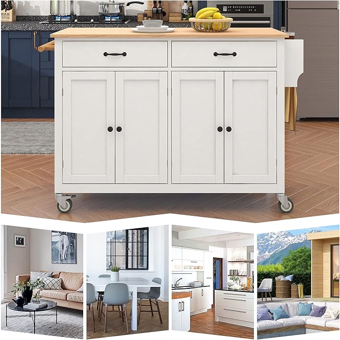 Solid Wood Top, Mobile Carts with Storage Cabinet, Rolling Kitchen Table w/Spice, Towel Rack, and Drawer, Portable Islands on Wheels, White, 54.33 Inch - LeafyLoom