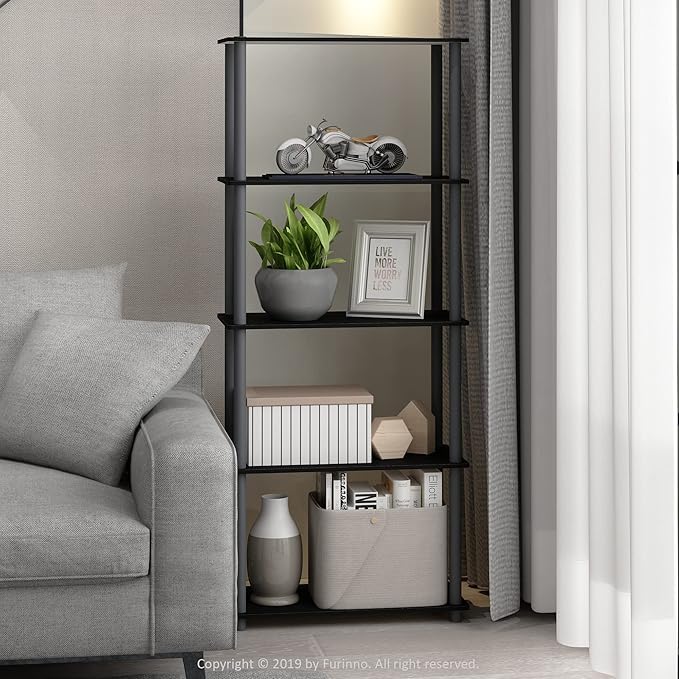 Furinno Turn-N-Tube 5-Tier Multipurpose Shelf / Display Rack / Storage Shelf / Bookshelf, Round Tubes, Black/Grey - LeafyLoom