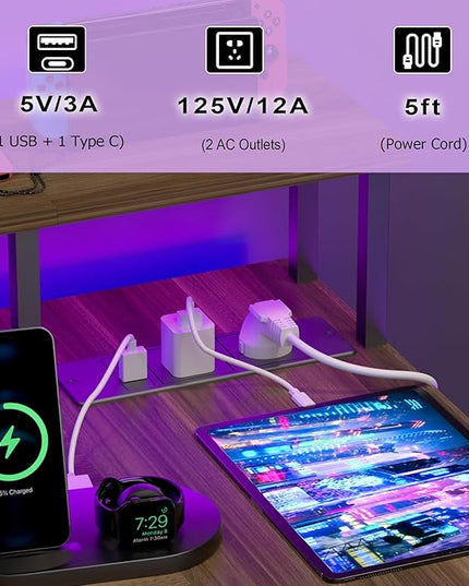 L Shaped Gaming Desk with Power Outlets, 47 Inch Computer Desk with LED Lights and Reversible Shelves, Corner Desk Work Desk for Home Office Bedroom, Walnut - LeafyLoom