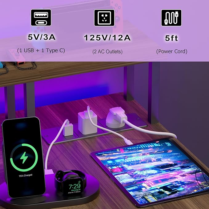 L Shaped Gaming Desk with Power Outlets, 47 Inch Computer Desk with LED Lights and Reversible Shelves, Corner Desk Work Desk for Home Office Bedroom, Walnut - LeafyLoom