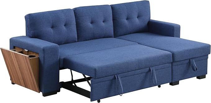 92" Sleeper Couch with Storage Chaise,L-Shape Sectional Pull Bed W/USB & Cup Holder,Built-in Wood Shelf Armrest,3 Seat Linen Convertible Sofas for Living Room Office Flats,Blue - LeafyLoom