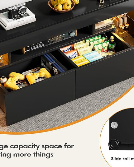 YESHOMY Modern LED TV Stand for Televisions up to 70 Inch with Glass Shelves and Drawer, Gaming Entertainment Center with Multiple Dynamic RGB Modes, for Livingroom, Bedroom, 60 Inch, Black - LeafyLoom