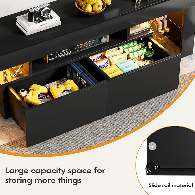 YESHOMY Modern LED TV Stand for Televisions up to 70 Inch with Glass Shelves and Drawer, Gaming Entertainment Center with Multiple Dynamic RGB Modes, for Livingroom, Bedroom, 60 Inch, Black - LeafyLoom