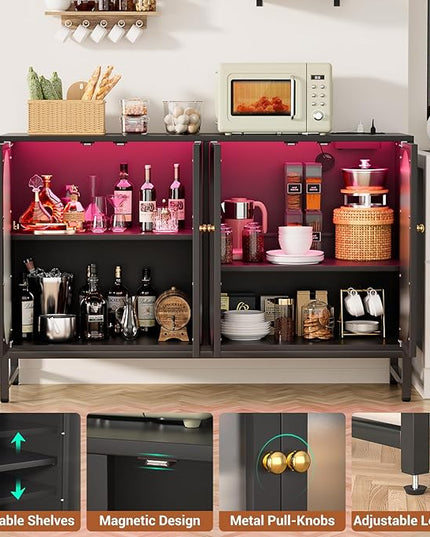Aheaplus Sideboard Buffet Cabinet with Power Outlet, Kitchen Sideboard Storage Cabinet with LED Light, 4 Doors, Modern Accent Cabinet Coffee Bar Cabinet Console Table for Kitchen Dining Room, Black - LeafyLoom