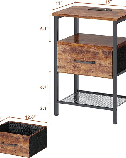 Night Stand, End Table with Charging Station, LED Bedside Table with Fabric Drawer for Bedroom, 3-Tier Side Table with Open Shelf, Rustic Brown - LeafyLoom