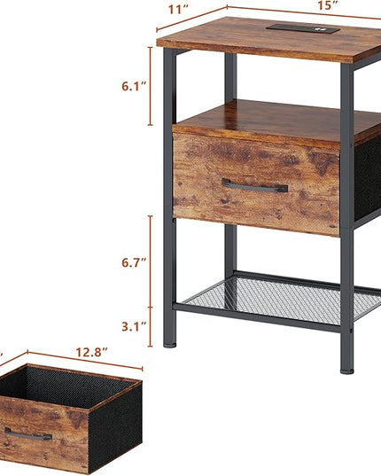 Night Stand Set 2, End Table with Charging Station, LED Bedside Table with Fabric Drawer for Bedroom, 3-Tier Side Table with Open Shelf, Rustic Brown - LeafyLoom