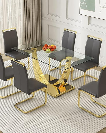 Modern Dining Chairs Set of 6,High Back Grey Kitchen Chairs,Faux Leather Side Chair with Gold Plated Metal Legs,Easy to Clean Upholstered Dining Chairs,Ideal for Living Room(Gold Leg) - LeafyLoom