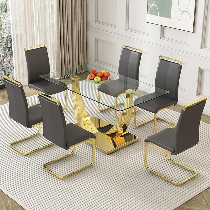 Modern Dining Chairs Set of 6,High Back Grey Kitchen Chairs,Faux Leather Side Chair with Gold Plated Metal Legs,Easy to Clean Upholstered Dining Chairs,Ideal for Living Room(Gold Leg) - LeafyLoom