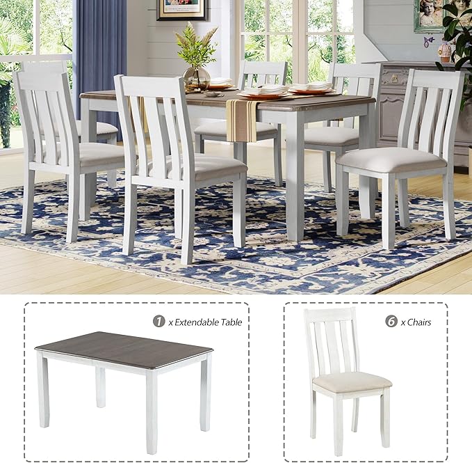 Retro Style 7-Piece Dining Set with Solid Wood Extendable Table and 6 Upholstered Chairs, for Kitchen, Living Room, Home Bar, Easy to Assemble, Brown+White - LeafyLoom