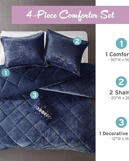Intelligent Design Queen Comforter Set, Velvet Comforter Set , Luxury Diamond Quilting Comforter Set, Fluffy Comforter Bed Set with Decorative Pillowand 2 Shams, 4 Piece Navy, Full/Queen - LeafyLoom