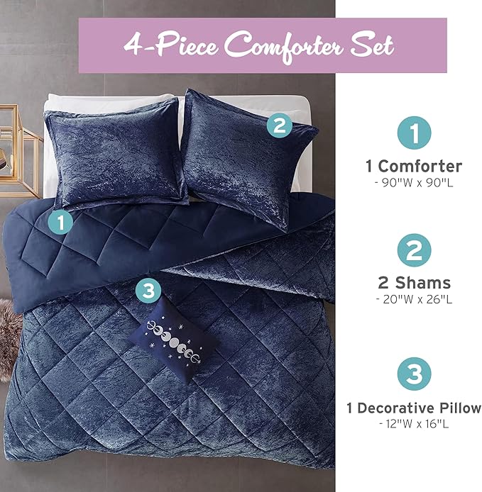 Intelligent Design Queen Comforter Set, Velvet Comforter Set , Luxury Diamond Quilting Comforter Set, Fluffy Comforter Bed Set with Decorative Pillowand 2 Shams, 4 Piece Navy, Full/Queen - LeafyLoom