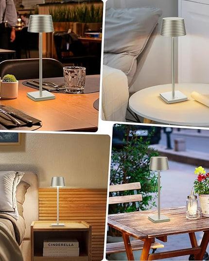 Rechargeable Cordless Table Lamp, Battery 6000mAh Metal Aluminum Housing USB LED Portable Powered Desk Lamp, 3 Levels Brightness Night Light for Restaurants Bars Outdoor (Silver) - LeafyLoom