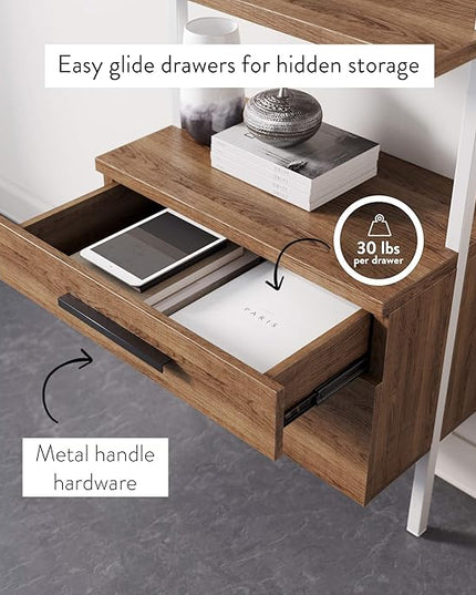 Nathan James Theo Industrial Bookshelf with Wood Drawers and Matte Steel Frame, 3-Shelf, Oak/White - LeafyLoom