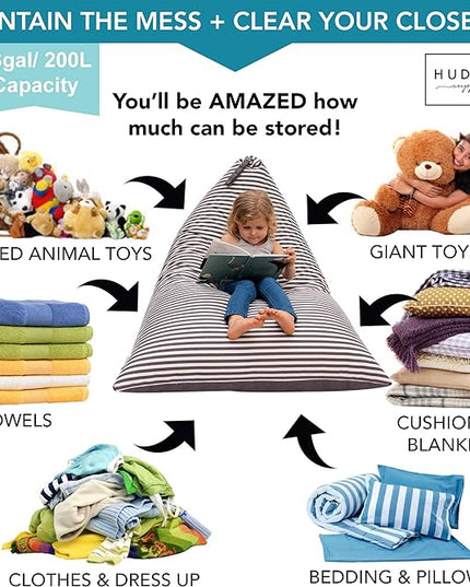 HUDDLE Original Stuffed Animal Bean Bag Storage Extra Large Designer Beanbag Chairs for Kids Teens & Adults | Instant Clutter Clear for Stylish Moms - Stuffed Animal Storage Bean Bag Chair Grey Stripe - LeafyLoom