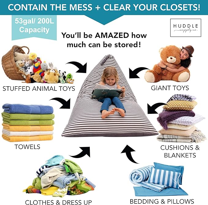HUDDLE Original Stuffed Animal Bean Bag Storage Extra Large Designer Beanbag Chairs for Kids Teens & Adults | Instant Clutter Clear for Stylish Moms - Stuffed Animal Storage Bean Bag Chair Grey Stripe - LeafyLoom