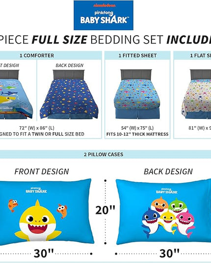 Franco Kids Bedding Super Soft Comforter and Sheet Set, 5 Piece Full Size, Baby Shark - LeafyLoom