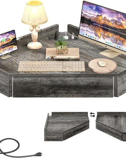 armocity Floating Corner Desk with Outlets & USB Ports, Wall-Mounted Corner Table for Small Space, Triangle Computer Desk with Drawer for Home Office, Vanity Desk, Corner Space, Bedroom, Gray - LeafyLoom