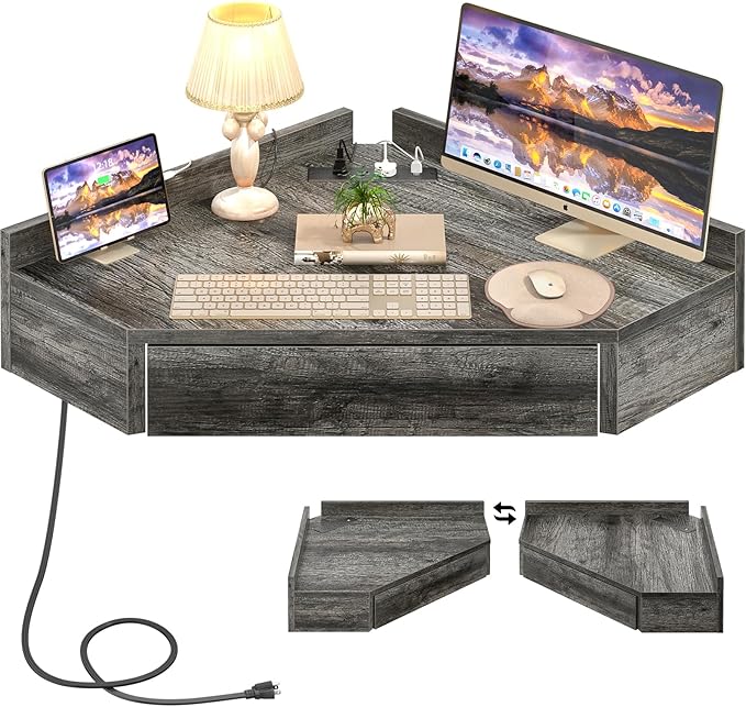 armocity Floating Corner Desk with Outlets & USB Ports, Wall-Mounted Corner Table for Small Space, Triangle Computer Desk with Drawer for Home Office, Vanity Desk, Corner Space, Bedroom, Gray - LeafyLoom