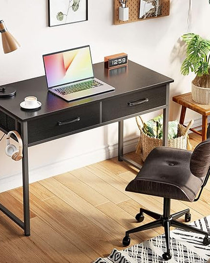ODK 40 Inch Small Desk with Fabric Drawers- for Bedroom, Black Study Desk with Storage, Home Office Computer Desk for Small Spaces, Modern Work Writing Kids Table, Black - LeafyLoom