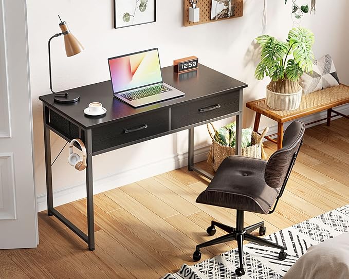 ODK 40 Inch Small Desk with Fabric Drawers- for Bedroom, Black Study Desk with Storage, Home Office Computer Desk for Small Spaces, Modern Work Writing Kids Table, Black - LeafyLoom