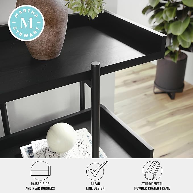 Martha Stewart Emmett 3 Shelf Bookcase with Vertical Metal Frame, Home Office Storage Display Unit, 35"H, Black Wood Grain/Oil Rubbed Bronze - LeafyLoom