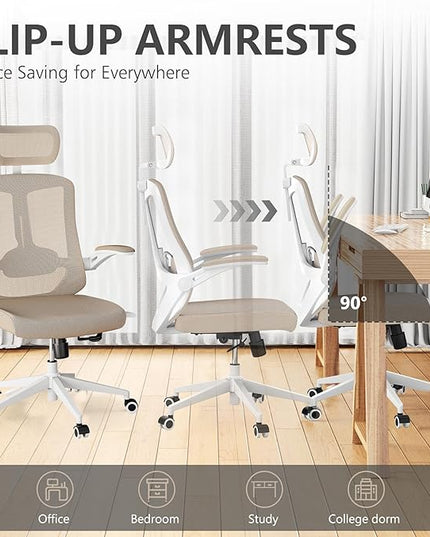 Office Chair 350LBS Capacity,Ergonomic Comfy Home Desk Chair,High Back Gaming Chair with Wheels,Mesh Computer Chair,Lumbar Support, Adjustable Headrest,Flip-up Armrest - LeafyLoom