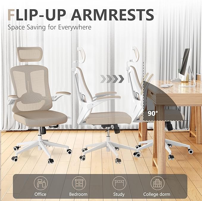 Office Chair 350LBS Capacity,Ergonomic Comfy Home Desk Chair,High Back Gaming Chair with Wheels,Mesh Computer Chair,Lumbar Support, Adjustable Headrest,Flip-up Armrest - LeafyLoom