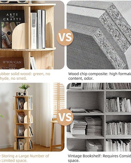 Rotating Bookshelf Tower, 4 Tier 360 Display Spinning Bookshelf, Solid Wood Narrow Book Shelf Organizer for Kid Adult, Corner Floor Standing Bookcase for Bedroom, Living Room, Study Room, Small Space - LeafyLoom