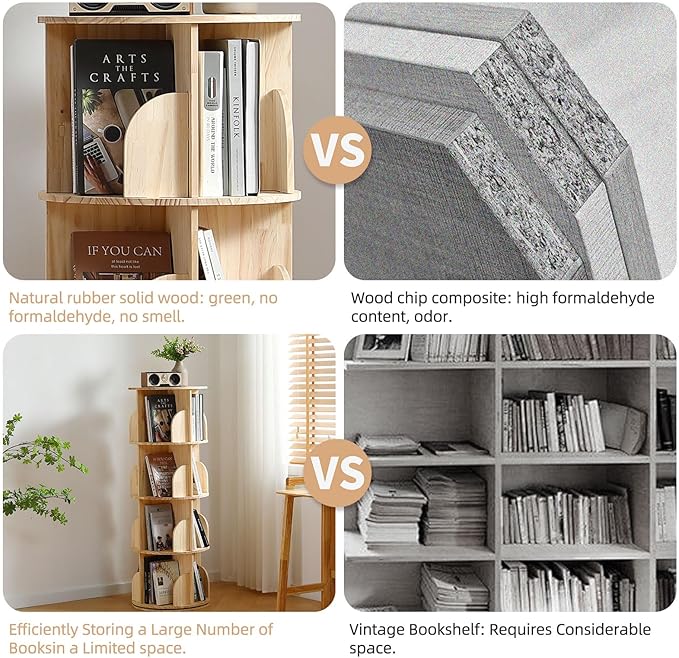Rotating Bookshelf Tower, 4 Tier 360 Display Spinning Bookshelf, Solid Wood Narrow Book Shelf Organizer for Kid Adult, Corner Floor Standing Bookcase for Bedroom, Living Room, Study Room, Small Space - LeafyLoom
