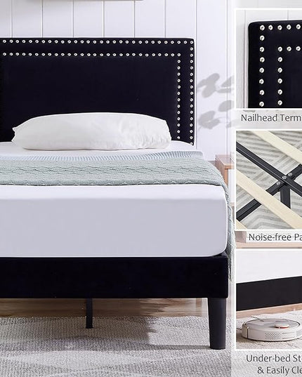 VECELO Twin Size Platform Bed Frame with Adjustable Upholstered Headboard, Modern Mattress Foundation, Strong Wood Slat Support, No Box Spring Needed, Easy Assembly - LeafyLoom