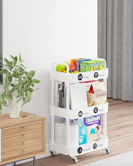 3-Tier Storage Cart,Multifunction Kitchen Storage Organizer,Mobile Shelving Unit Utility Rolling Cart with Lockable Wheels for Bathroom,Laundry,Living Room,With Classified Stickers,White - LeafyLoom