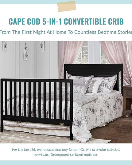 Cape Cod 5-In-1 Convertible Crib In Black, Greenguard Gold And JPMA Certified, Built Of Sustainable New Zealand Pinewood, 3 Mattress Height Positions - LeafyLoom