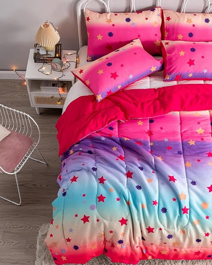Full Comforter Set for Girls Rainbow Bedding Set 3 Pieces with Multicolor Stars Pink Comforter Set Full Size with Pillowcase for Kids, Teenagers - LeafyLoom