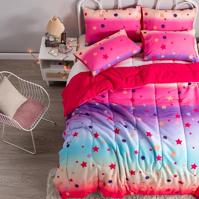 Full Comforter Set for Girls Rainbow Bedding Set 3 Pieces with Multicolor Stars Pink Comforter Set Full Size with Pillowcase for Kids, Teenagers - LeafyLoom