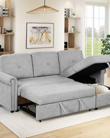 83'' L-Shape Convertible Sleeper Sectional Sofa with Storage Chaise and Pull-Out Bed, Velvet Upholstered Reversible Corner Couch w/Tufted Cushions, for Living Room, Apartment - LeafyLoom