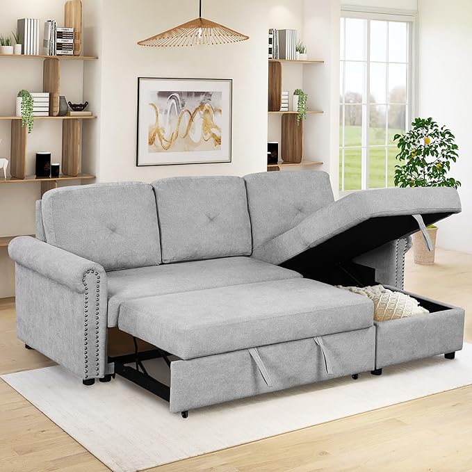 83'' L-Shape Convertible Sleeper Sectional Sofa with Storage Chaise and Pull-Out Bed, Velvet Upholstered Reversible Corner Couch w/Tufted Cushions, for Living Room, Apartment - LeafyLoom