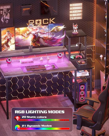 armocity 2024 Upgrade Gaming Desk with LED Lights, Small Computer Desk with Long Monitor Stand, 47.2'' Reversible Laptop Table with Storage Shelves, Small Desk for Small Spaces, Gaming Room, Grey - LeafyLoom