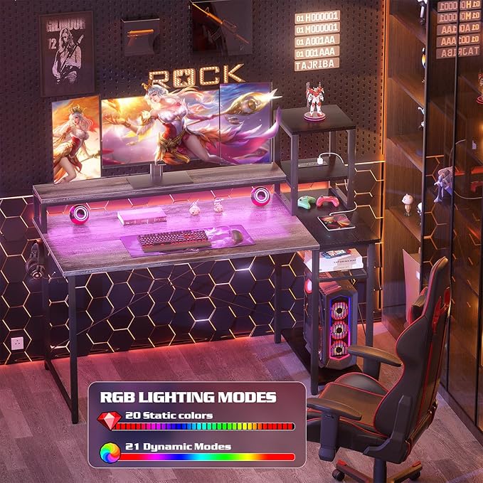 armocity 2024 Upgrade Gaming Desk with LED Lights, Small Computer Desk with Long Monitor Stand, 47.2'' Reversible Laptop Table with Storage Shelves, Small Desk for Small Spaces, Gaming Room, Grey - LeafyLoom