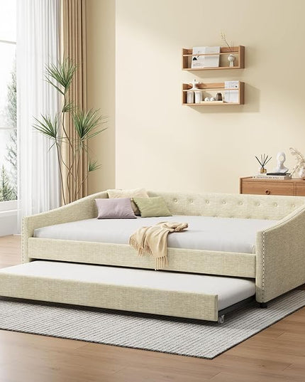 Full Size Upholstered Daybed with Twin Size Trundle,Wood Sofa Bed Frame W/Button Tufted Back and Nailhead Decorated Waved Shape Arms,Slat Support,for Bedroom,Living Room,Apartment,Beige - LeafyLoom