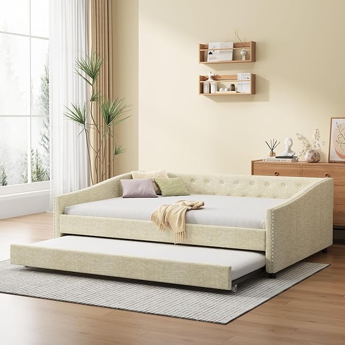 Full Size Upholstered Daybed with Twin Size Trundle,Wood Sofa Bed Frame W/Button Tufted Back and Nailhead Decorated Waved Shape Arms,Slat Support,for Bedroom,Living Room,Apartment,Beige - LeafyLoom
