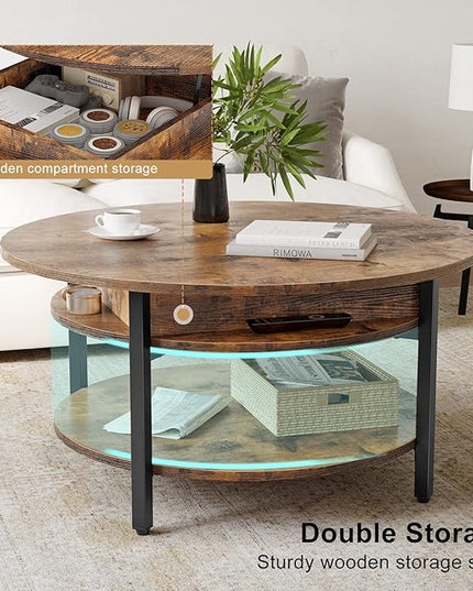 FABATO Round Lift Top Coffee Table for Living Room, 35.43'' Round Coffee Table with Storage and Hidden Compartment, 2 Tier Large Farmhouse Coffee Table Round Dining Table, Rustic Brown - LeafyLoom