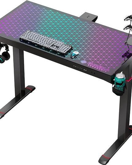 EUREKA ERGONOMIC RGB Glass Gaming Desk, Music Studio Desk, 47 Inch Adjustable Height Computer Desk Music Sensing LED Sit Stand Desk for Home Office Gamer w Dual Motors,USB Ports, APP Control - LeafyLoom