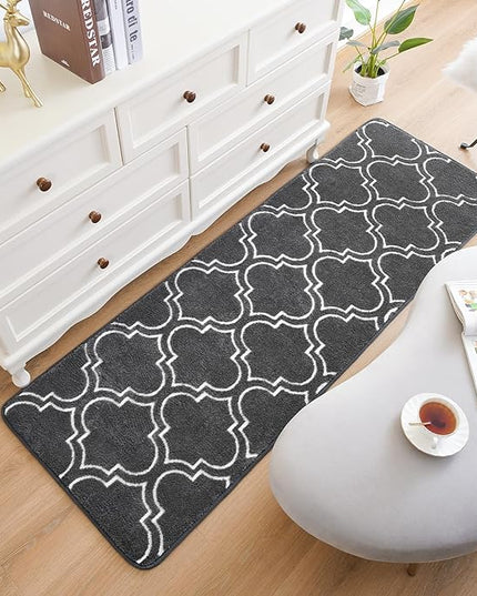 Chicrug Shag Geometric Modern Runner Rug for Bedroom, 2x6 Feet Memory Foam Indoor Hallway Runner Carpet, Fluffy Rug for Living Room Bedside Room Decor for Family, Dark Grey/White - LeafyLoom